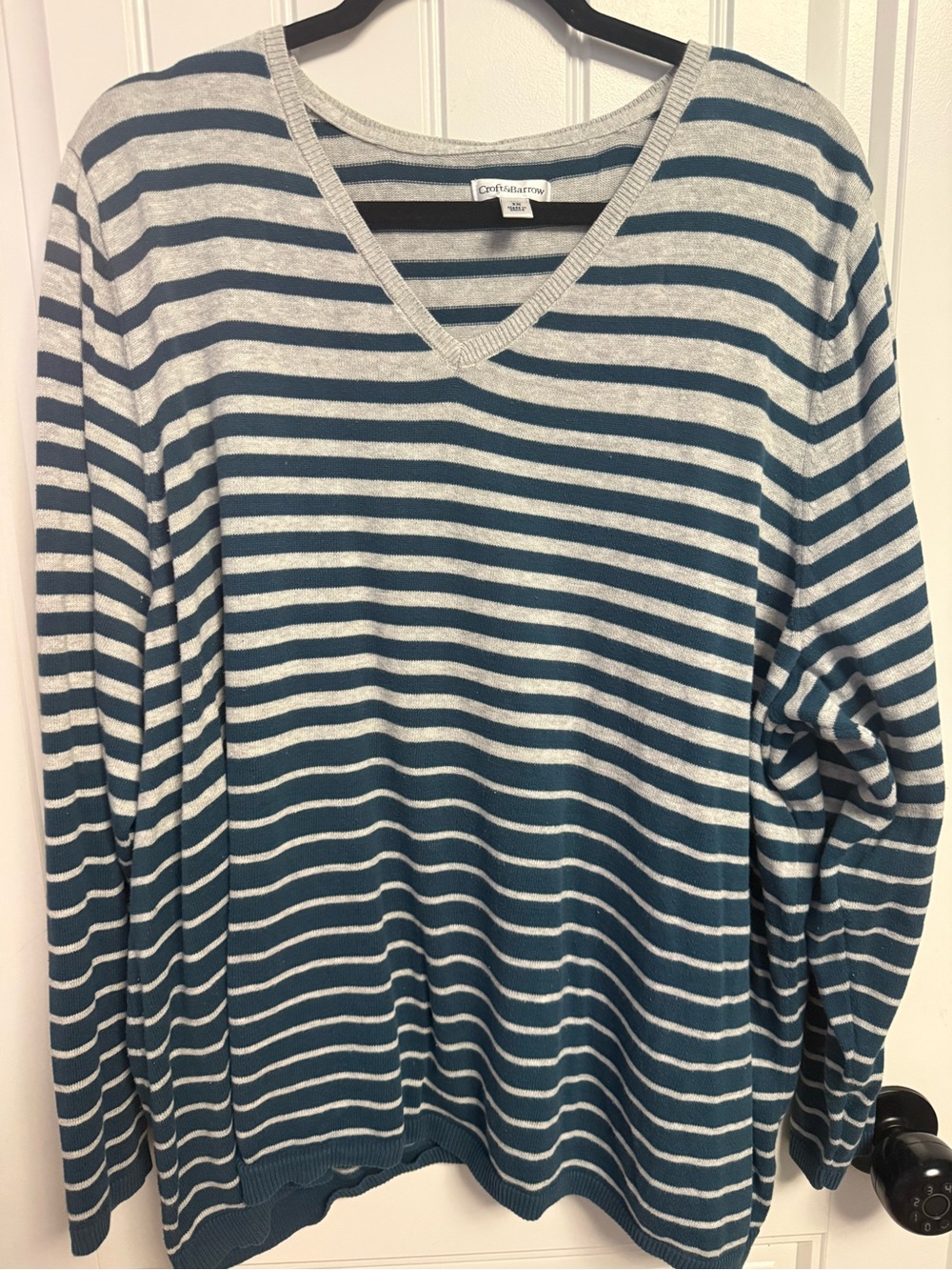 croft & barrow Teal and Gray Striped V-Neck Sweater